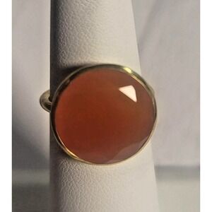 Gold Vermeil 925 Orange Gemstone Ring Size 7 Round Cabochon Carnelian Statement